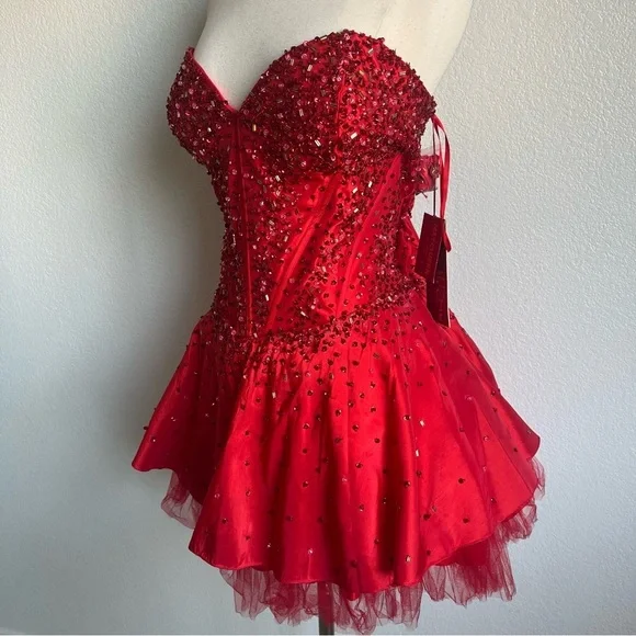 NWT MayQueen Couture USA MQ578 Red Strapless Sparkly Mini Prom Dress - Size 16 - Picture 5 of 15